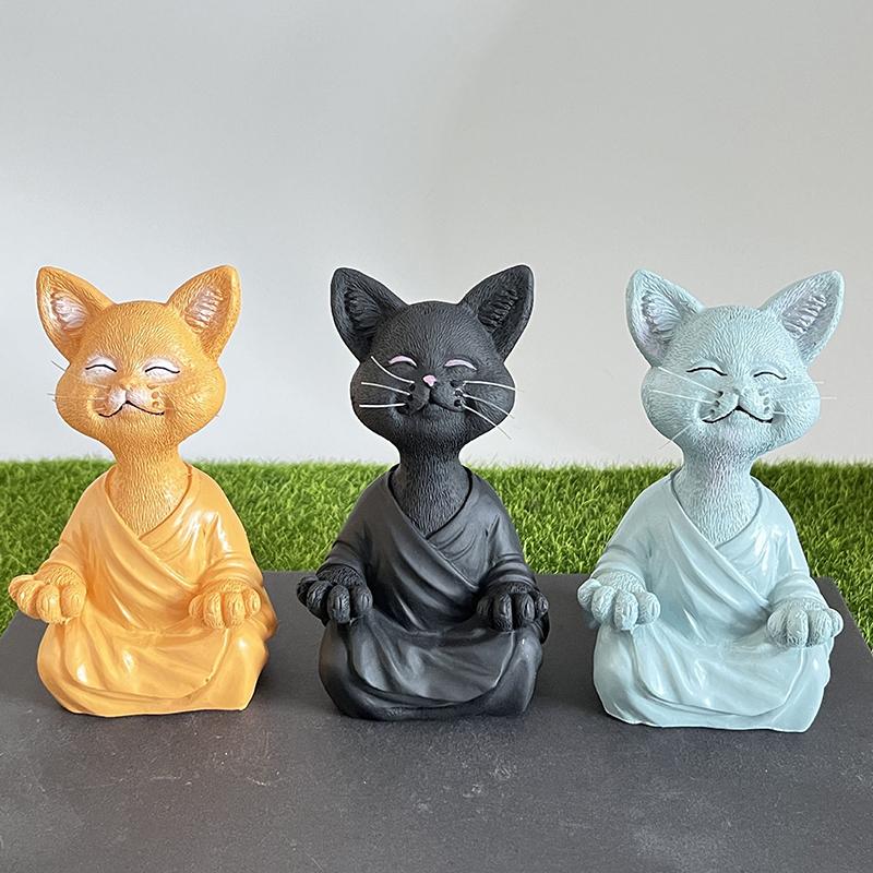 Meditation Cat Sculpture Home Decorations Resin Black Yoga Sitting Zen Cat Black Buddha Ornament Outdoor Garden Figurines