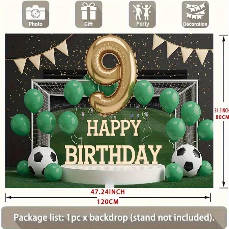 2D Soccer 9th Birthday Backdrop, Football Field Party Background for Boys