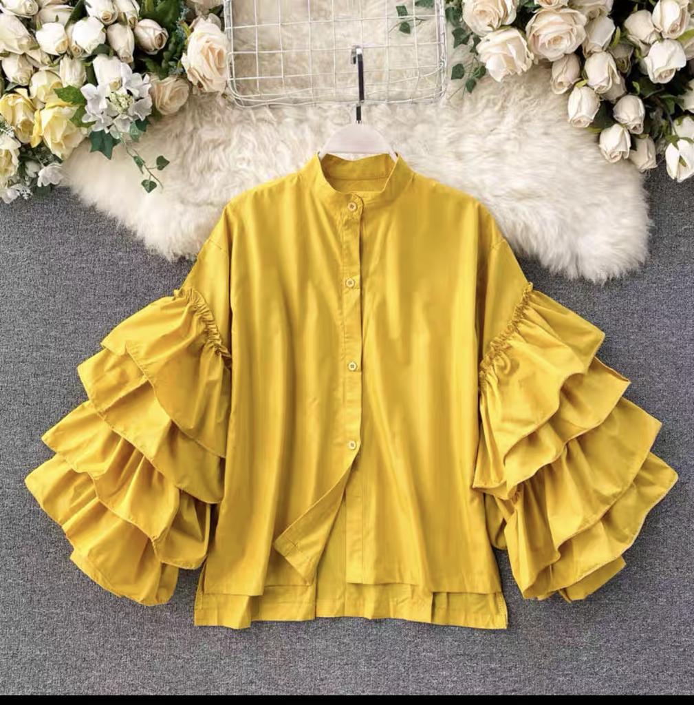 Stylish Shirt Women's Layered Ruffled Flared Sleeve Shirts Loose Stand-up Collar Tops