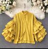 Stylish Shirt Women's Layered Ruffled Flared Sleeve Shirts Loose Stand-up Collar Tops
