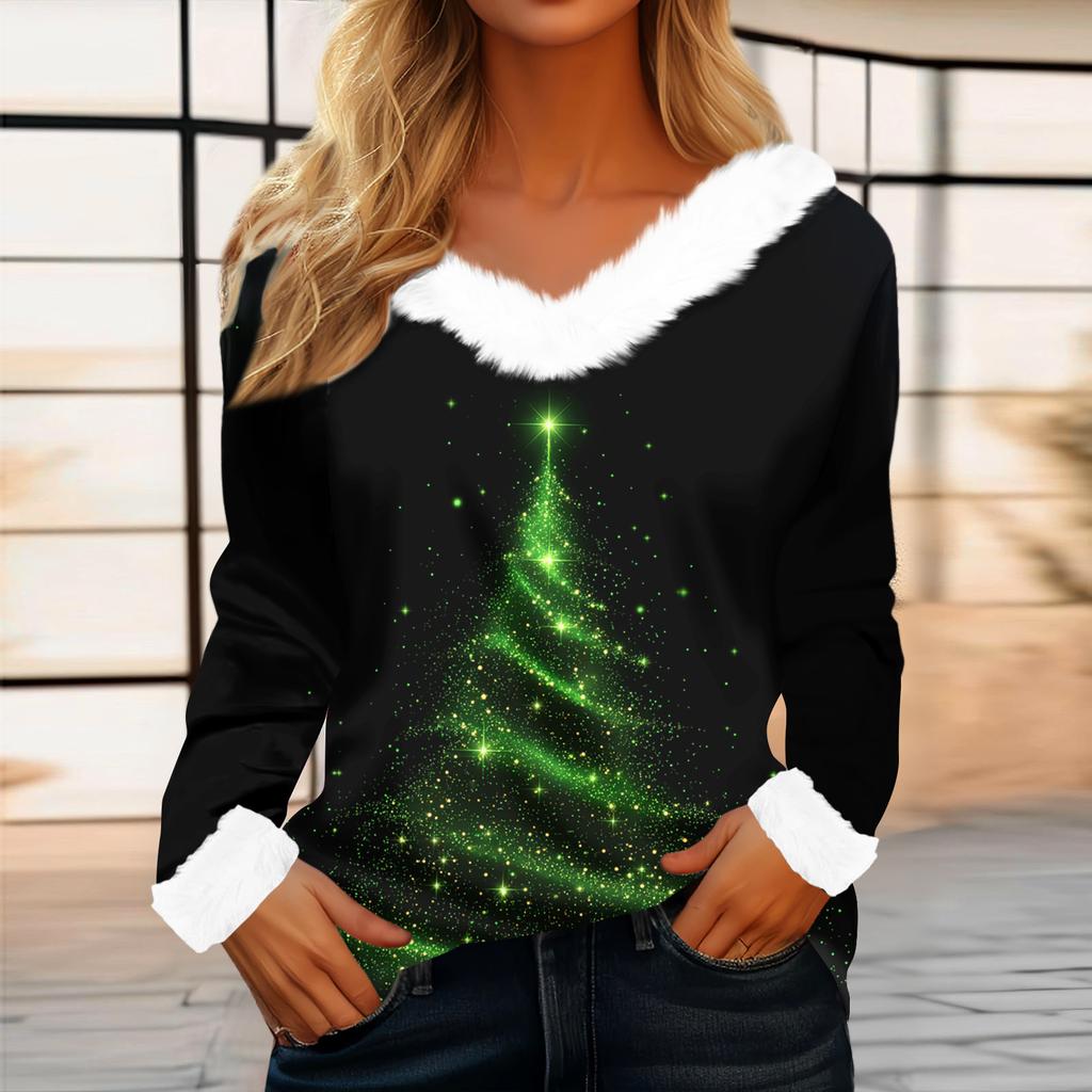 Top casual alla moda da donna a maniche lunghe con stampa natalizia e colletto in flanella