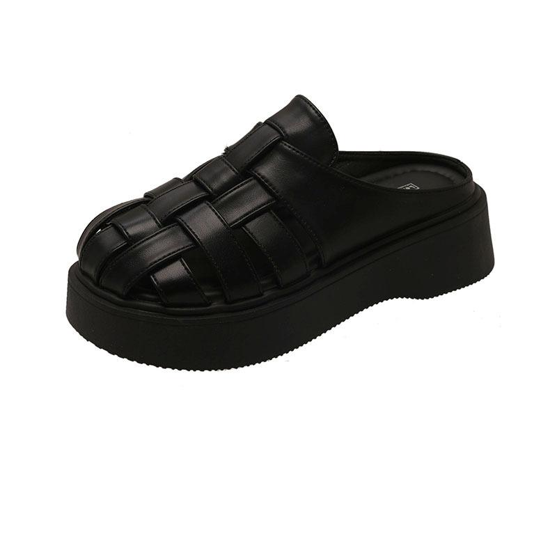 Baotou Half Slippers Women's Summer New Outer Wear Woven Hollow Muller Shoes Square Head Retro Maillard Roman Women's Sandals