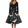 Women's Vintage V Neck Dress Halloween Print Long Sleeve Casual Retro Style Dress with Flared Skirt and Waist Tie for Seasonal Wear