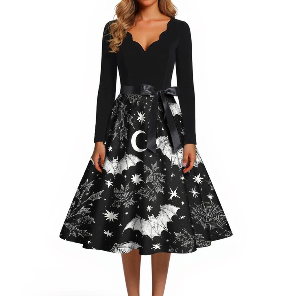 Women's Vintage V Neck Dress Halloween Print Long Sleeve Casual Retro Style Dress with Flared Skirt and Waist Tie for Seasonal Wear