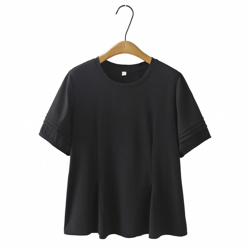 2025 Plus Size Women s Pleated Round Neck Ruffle Top - Summer Casual Short Sleeve T-Shirt 4XL чёрный