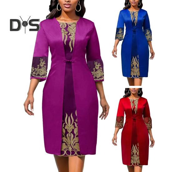 Frauen Retro Taille Eng Slim Fit Kleid O Neck 3/4 Hülse Stickerei Floral Spitze Nähte Kleid Kleid Streetwear