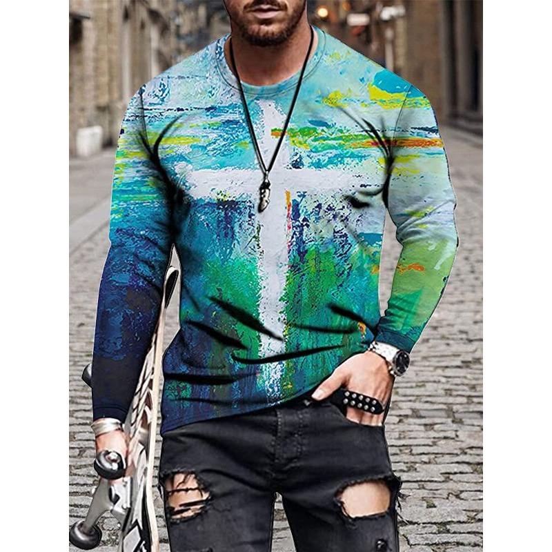 Spring Autumn Men's Casual Flag Printed Top Long Sleeve T-shirt Plus Size Men's Tees