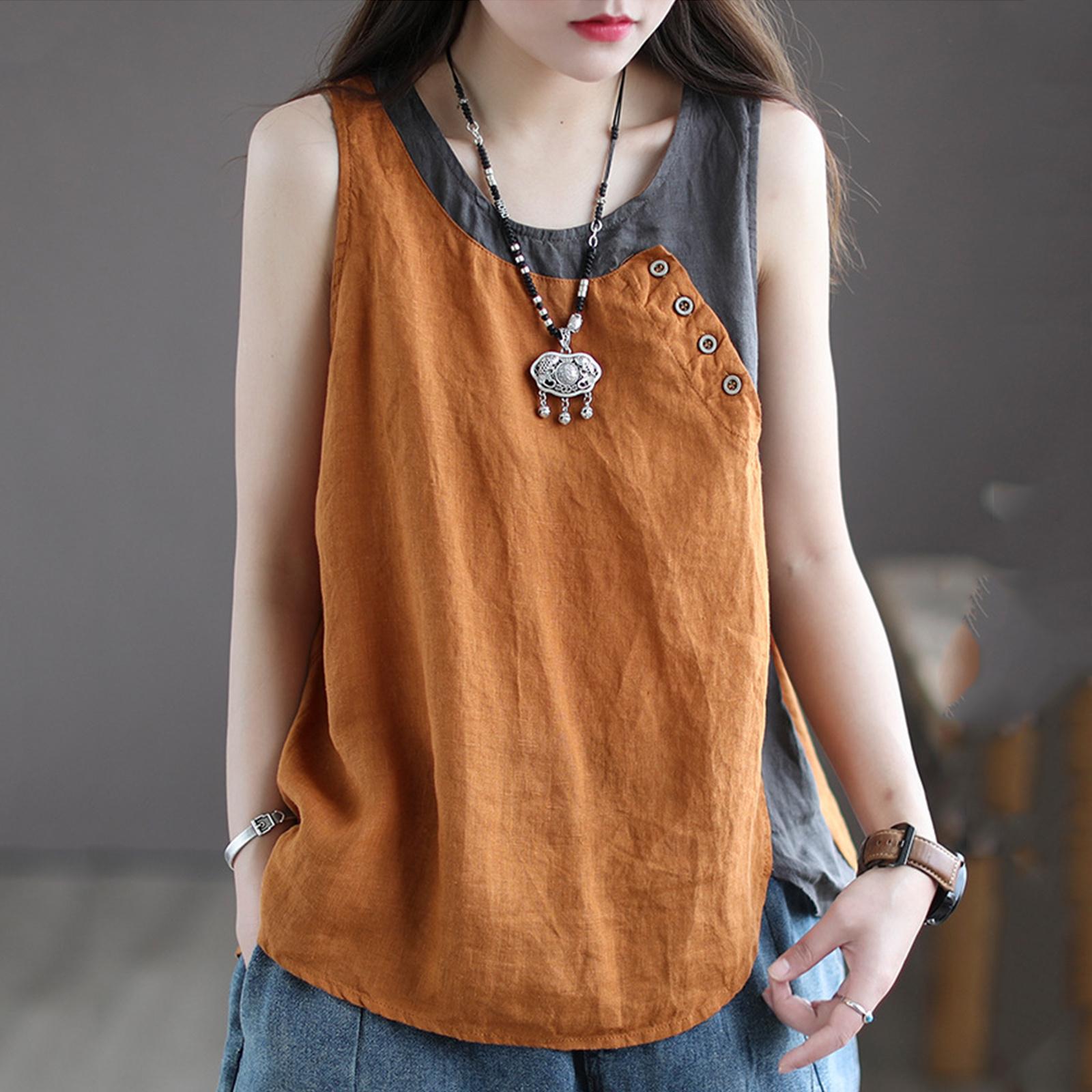 Women s Vintage Oversized Cotton Linen Blend Asymmetric Button Decorated Patchwork Sleeveless Tank Top M