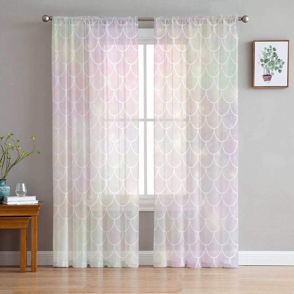 Mermaid Scales Ocean Rainbow Chiffon Sheer Curtains for Living Room Bedroom Home Decoration Window Voiles Tulle Curtain