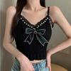 Folded Mesh Spliced Chest Wrapped Vest Short Style Nail Bead Bow Wooden Ear Strap Top for Women