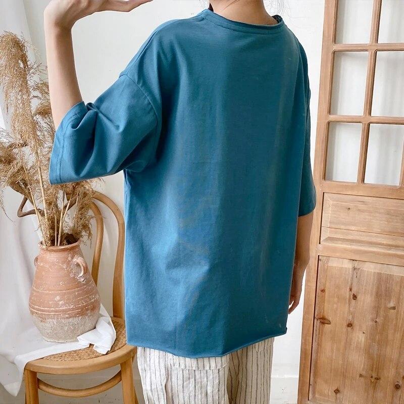 Johnature Summer Casual Solid Color Simple Women Tops All Match O-neck Short Sleeve Loose Female T-Shirts