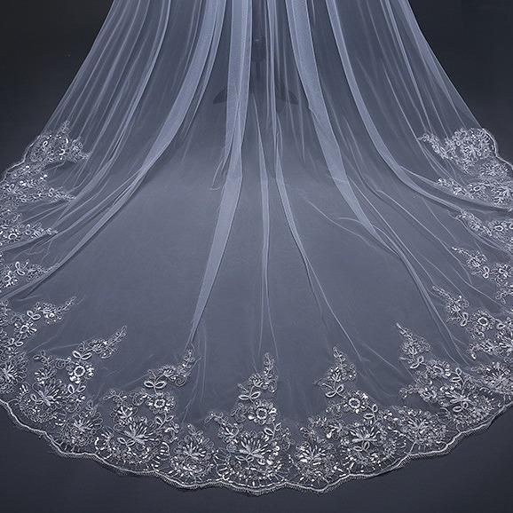 European Style Sequin Lace Long Train Bridal Veil with Blusher