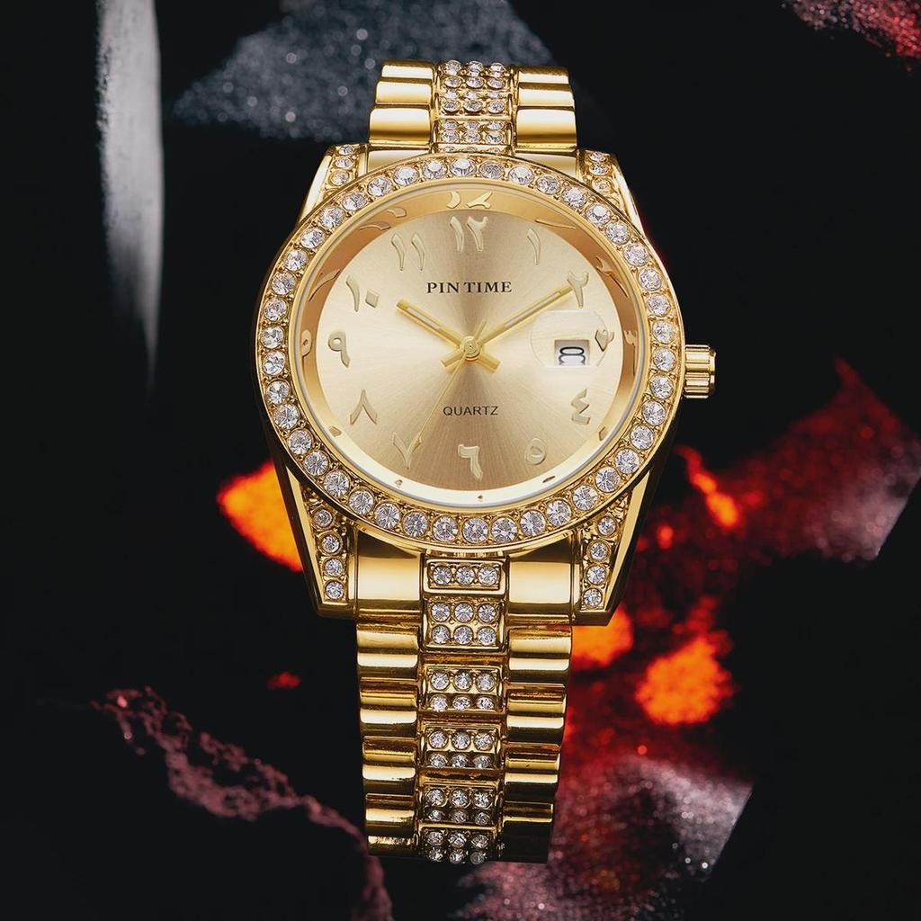PINTIME Male Quartz Watches With Diamond Studded Bezel Design Arabic Numeral Scale Fashion Business Style Men's Waterproof Calendar Luminous Watch