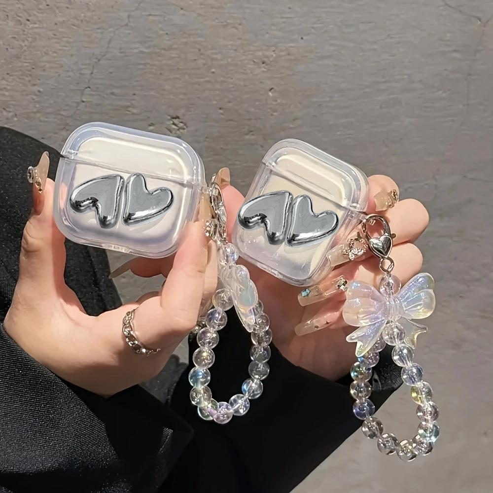Silver Three-dimensional Love Protective Cover, Suitable for AirPods Pro with Bow Hanging