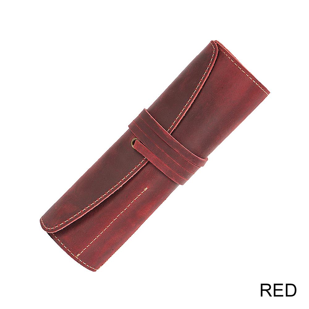 Vintage Genuine First Layer Cowhide Buckle Closure Minimalist Literary Pencil Bag Multifunctional Roll Leather Pen Pouch for