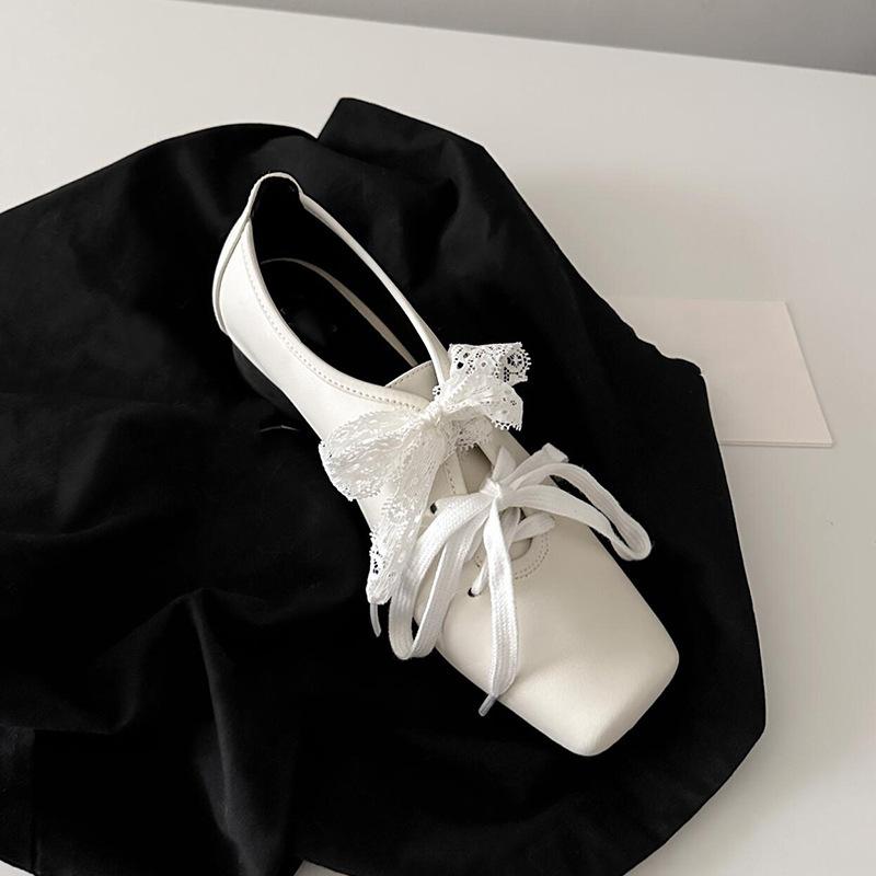 Cowhide version~ French retro lace Mary Jane small leather shoes women's square head thick heel lace-up ballet shoes single shoes women