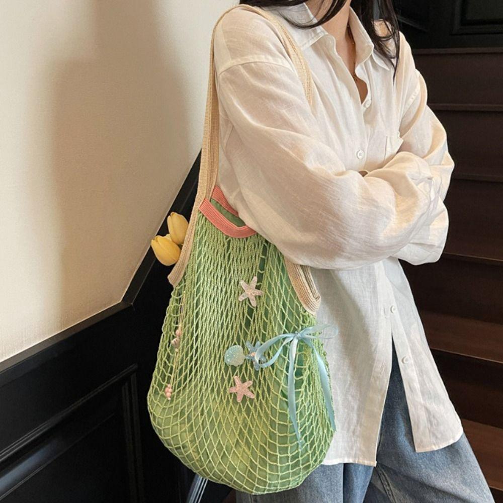 Portable Hollow Woven Shoulder Bag Korean Style Woven Grocery Bag Vacation Beach Bag  Swimming