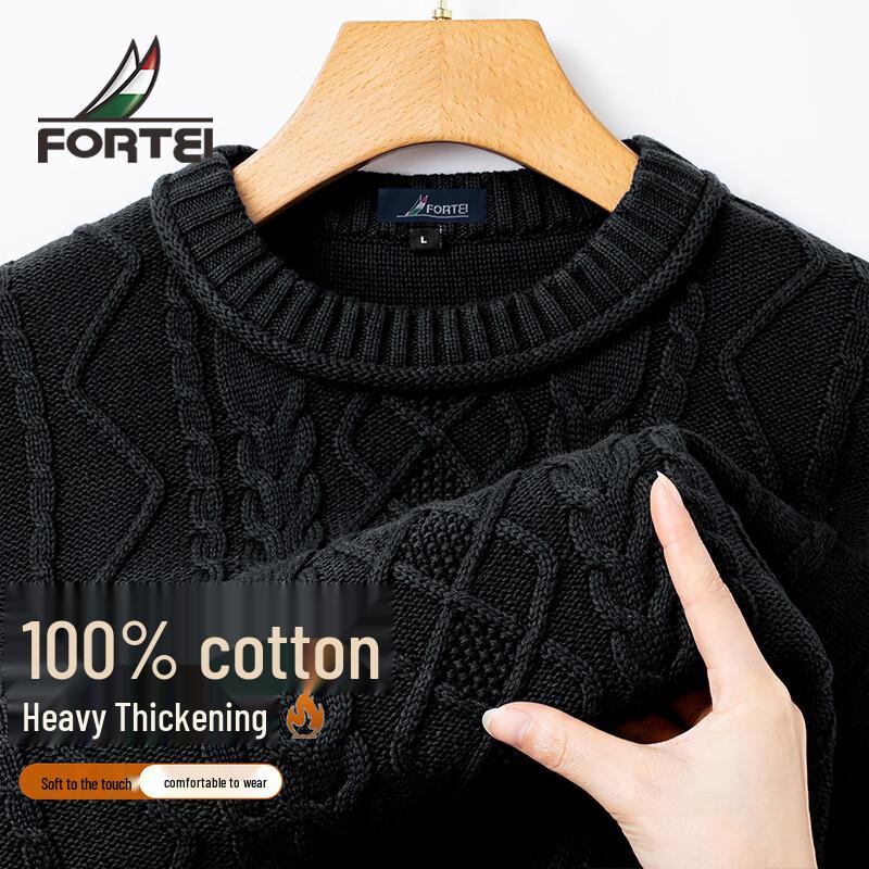 Men s 100% Cotton Thick Cable Knit Round Neck Sweater L