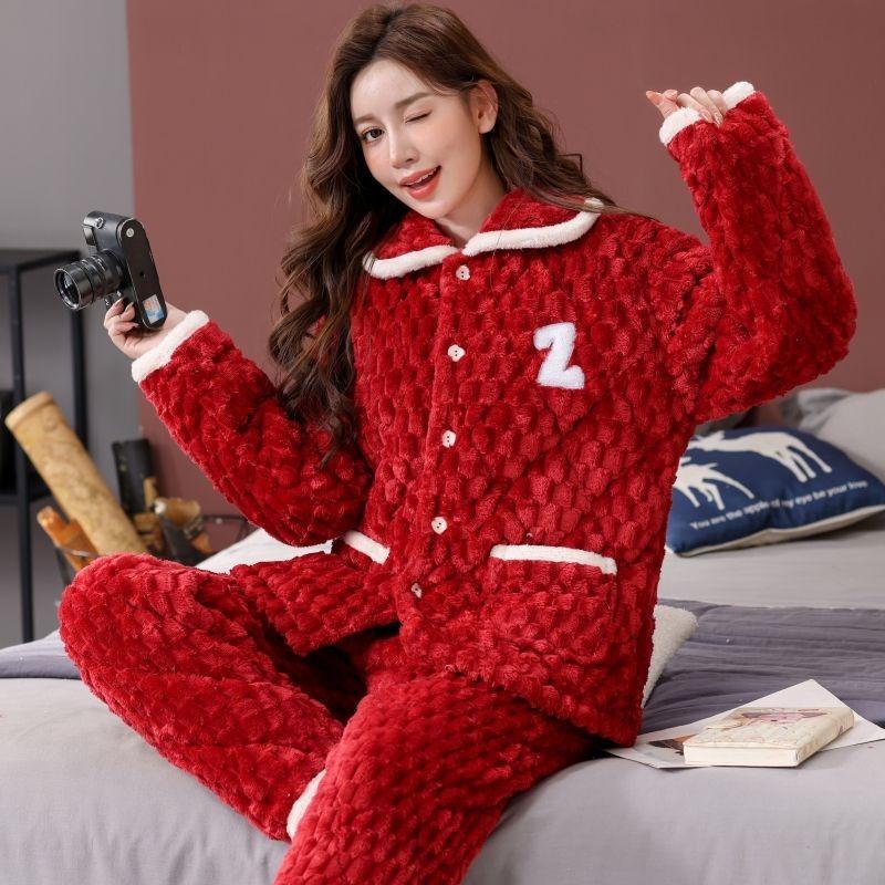Pajamas women's winter three-layer thickened models fleece coral fleece warm padded cotton autumn and winter women's loungewear