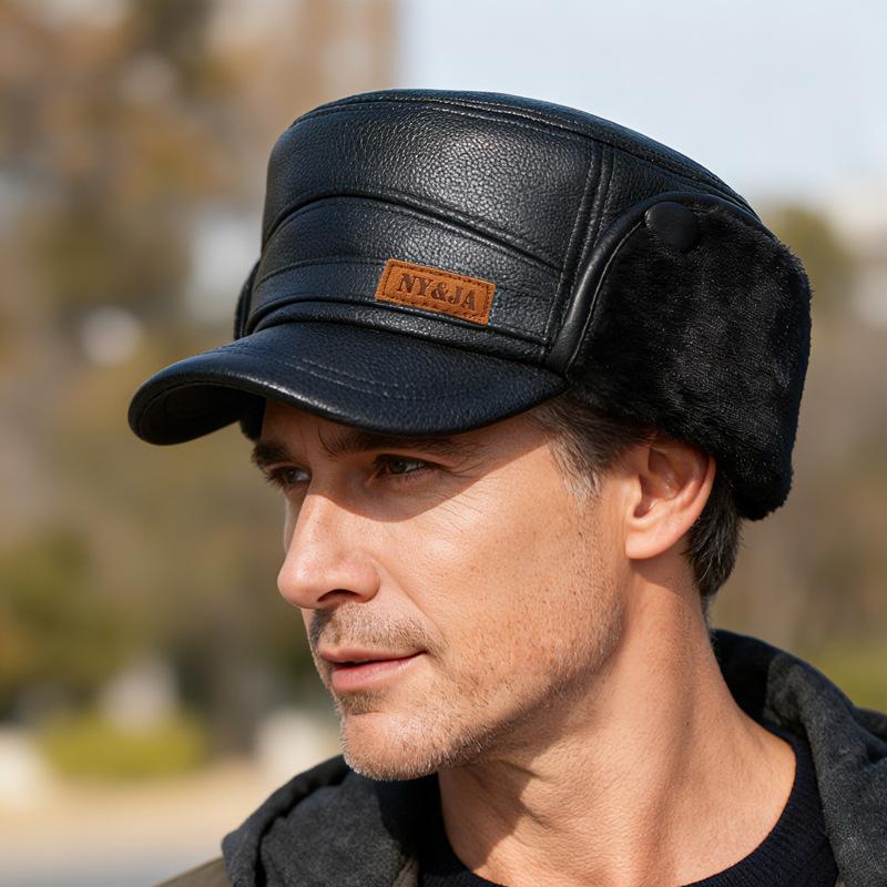 Middle-Aged and Elderly Hat Men's Winter Warm Father Grandfather Leather Hat Velvet Old Man Ear Protection Flat Cap