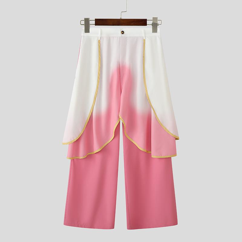 

INCERUN Мужские многослойные брюки с высокой талией, на молнии, повседневные, свободные, с градиентом, с широкими штанинами, длинные 5XL светло-розовый