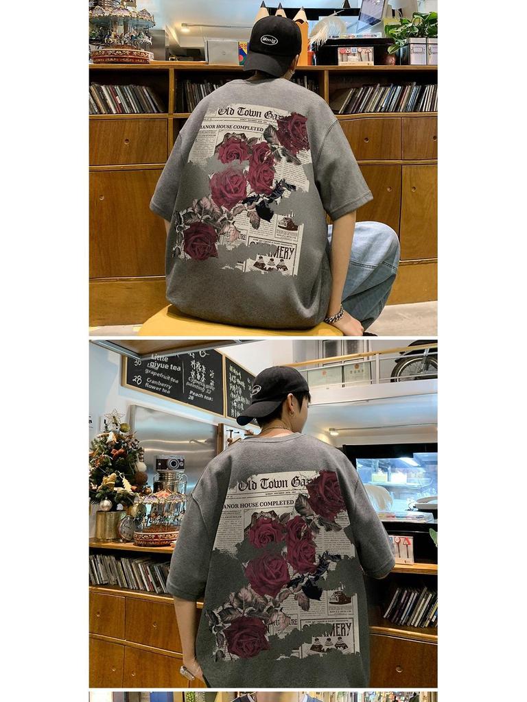 Herren Oversized T-Shirt mit Rosenprint im Retro-Stil – Neuer trendiger Sommerstil