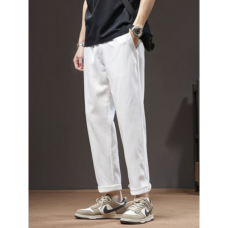 Summer Thin 100% Pure Linen Pants for Men, Loose Straight Cotton-Linen Cropped Pants, Export Men's Casual Long Pants