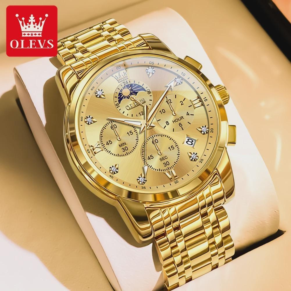 

OLEVS Moon Phase Classic Three Eye Dial Men s Watch Stainless Steel Watch Men Waterproof Quartz Watch золотий