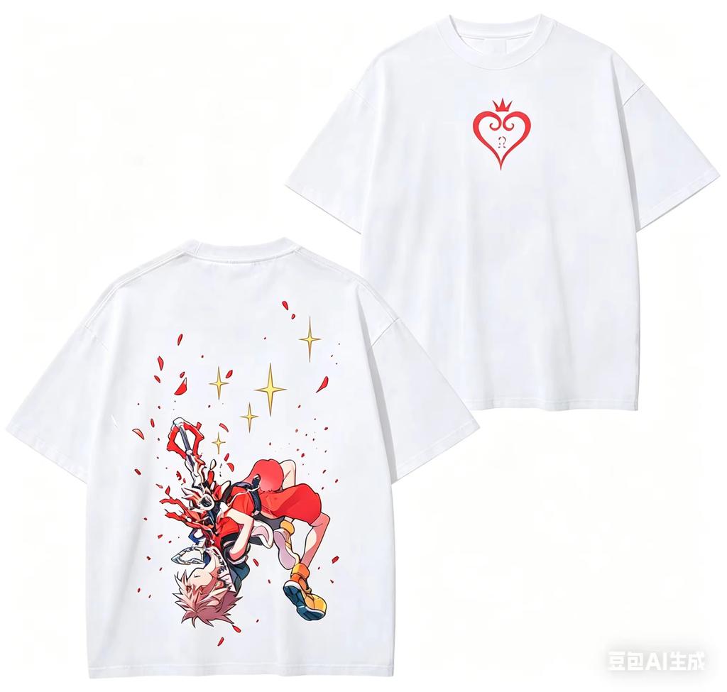 2026 Kingdom Hearts Pure Cotton T-Shirt, Double-sided Print with Sora's Keyblade and Heart Symbol, Oversized Casual Streetwear Must-Have T-Shirt
