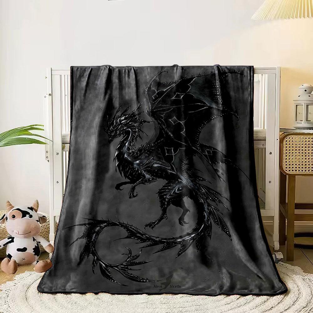 

A dark, intricate dragon with glowing white accents and delicate wings. for all seasons blanket lunch break throw gift 80cm x 120cm