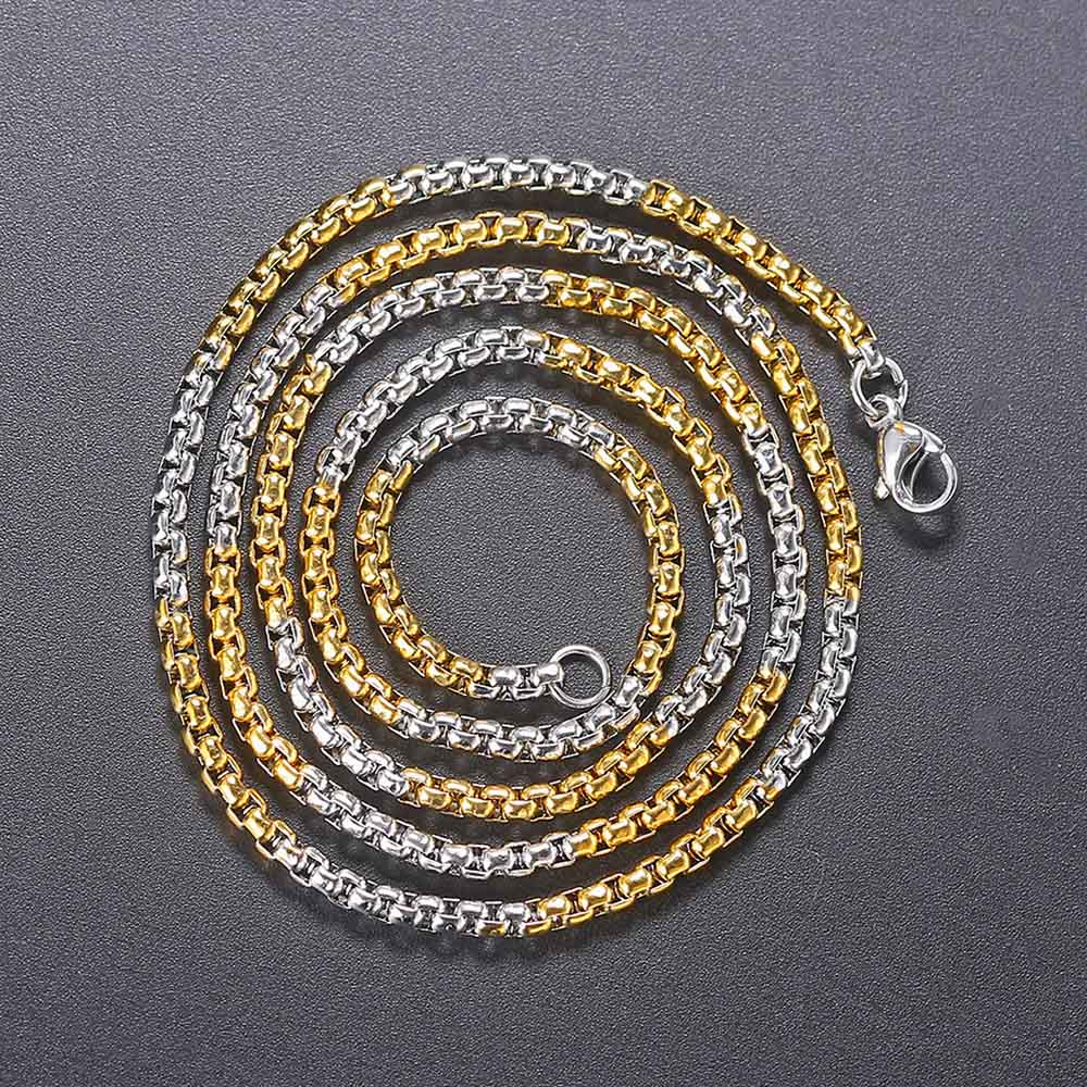 Stainless Steel Round Box Chain For Men Boys Square Rolo Necklace Women Hip Hop Jewelry Gifts Width 3mm Length 60cm C021