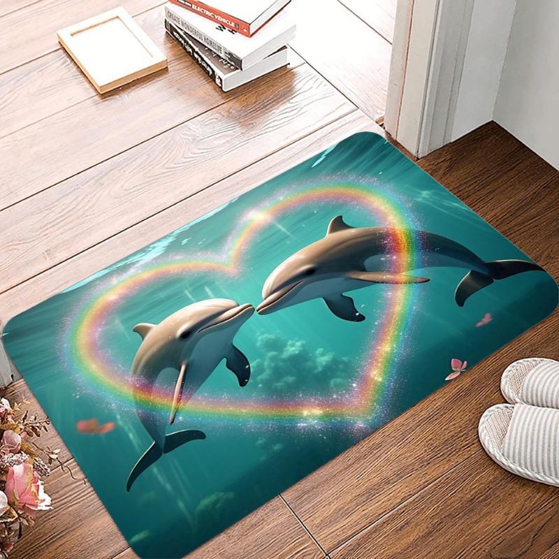 Kissing Dolphin Printing Non-Slip Small Rug Waterproof Easy To Clean Floor Mat for Indoor Outdoor Use Durable Home Decor Fashion
