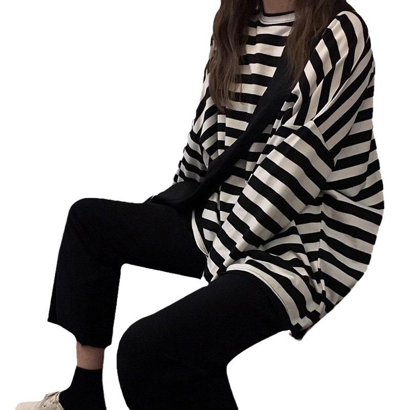 2020 Harajuku Style Black & White Striped Long-Sleeve Loose T-Shirt for Women