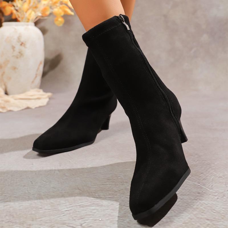 Fashion Short Thigh Boots Women's Fashion Square Toe Suede Side Zipper Non-Slip Wear-Resistant Slim Follower Boots