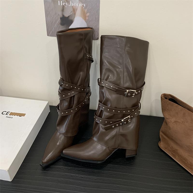 

Mi Ting 2025 autumn and winter new pants boots thick heel rivet belt buckle but knee boots pointed high boots women 40 коричневый