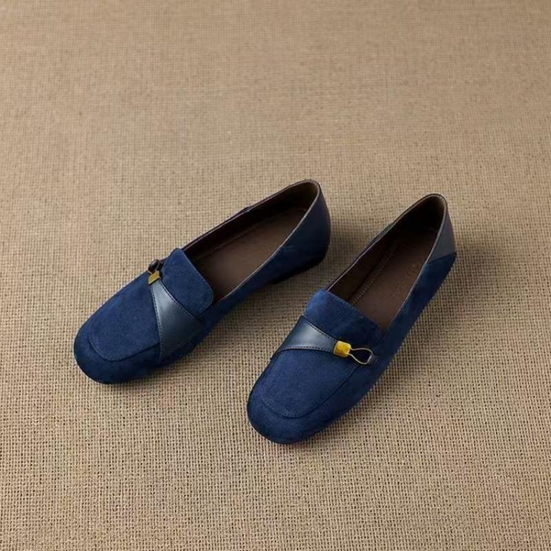 British Style Suede Square Toe Loafers Metal Decor Low Heel Pumps Versatile Retro Office Shoes for Women