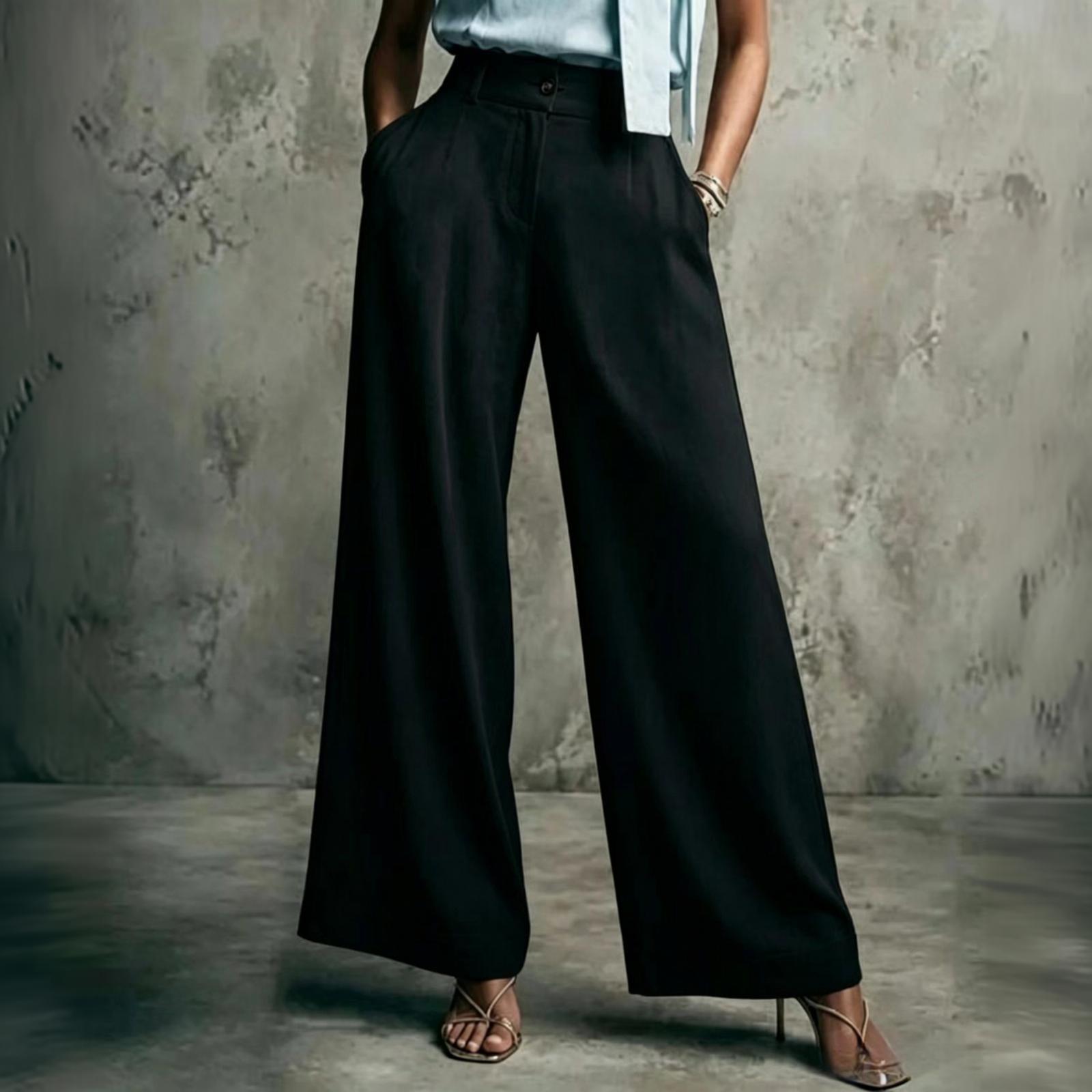 Women s Fashion Color High-Waist Wide Leg Loose Fit Casual Pants L чёрный