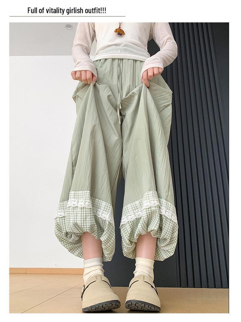 Lace Patchwork Lantern Pants - Spring/Summer Academy Style, Ice Silk, Wide-Leg Skirt Pants, Slimming Bud-Shaped Design.