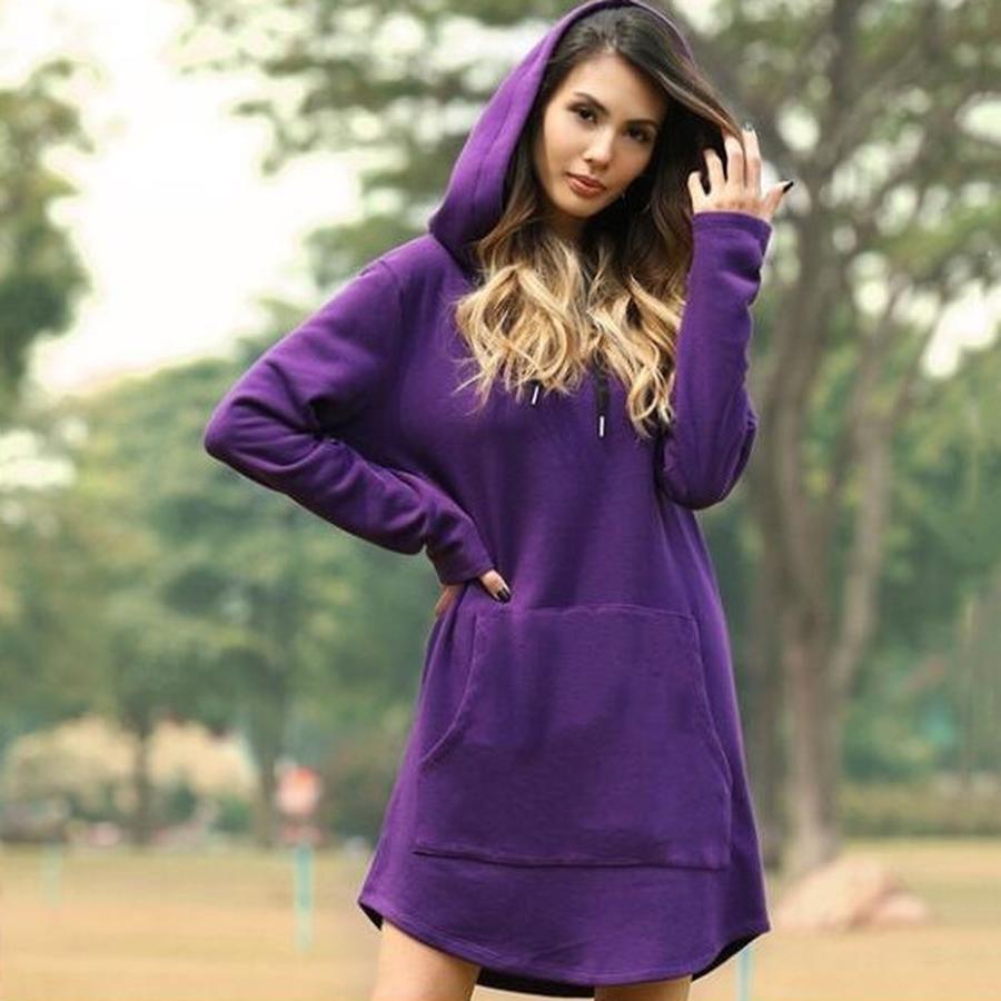 Fall Winter New Arrivals Women's Loose Fit Solid Color Pocket Long Sleeve Hoodie Dress