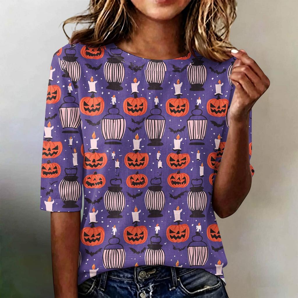 Women's Casual Loose Fit Short Sleeve T-Shirt Round Neck Lightweight Halloween Graphic Top for Everyday Wear
