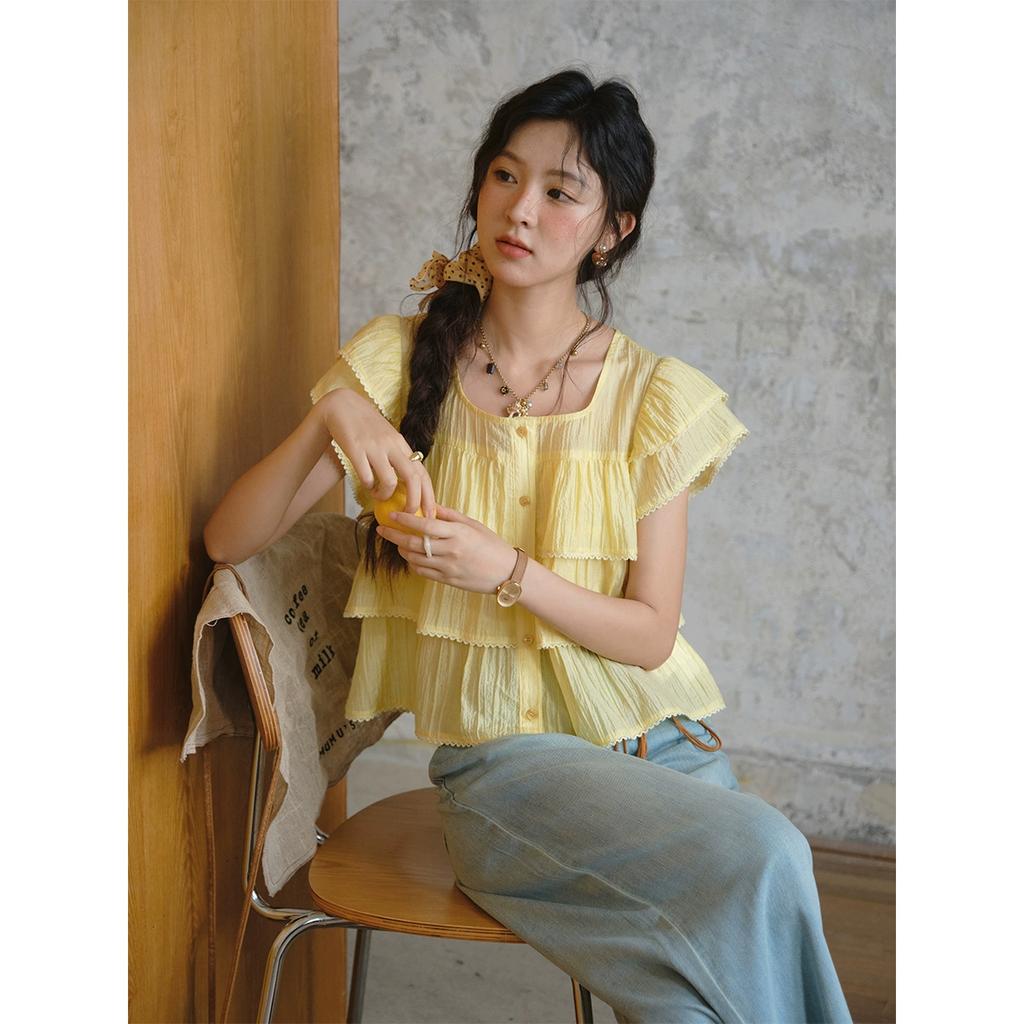 MISHOW Butterfly Sleeve Chiffon Shirt Women's 2025 Summer New Women's Clothing Retro Square Neck Button Casual Shirt MXD30X1488