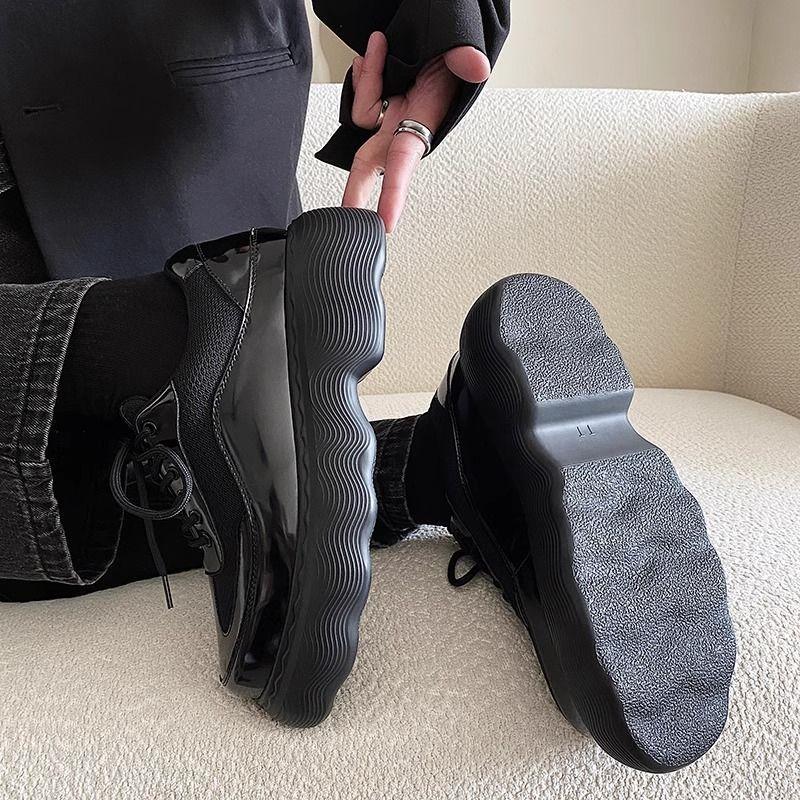 Men's Summer Mesh Breathable All Black Platform Casual Big Head Muffin Derby High-end Leather Dad Shoes