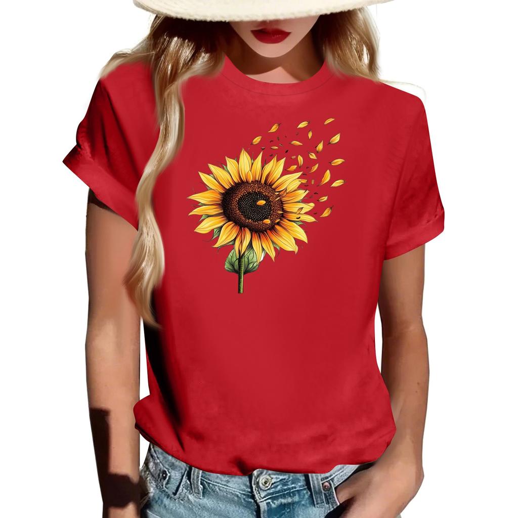 Women's Fashionable Round Neck Casual Retro Print Short Sleeved T-shirt Top