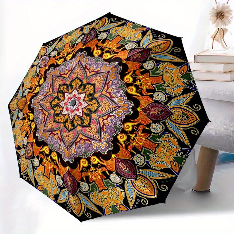 1pc Mandala Pattern Automatic Folding Umbrella - Portable Foldable Design with 8 Ribs, Durable Plastic & Iron Frame, Casual Outdoor Accessor