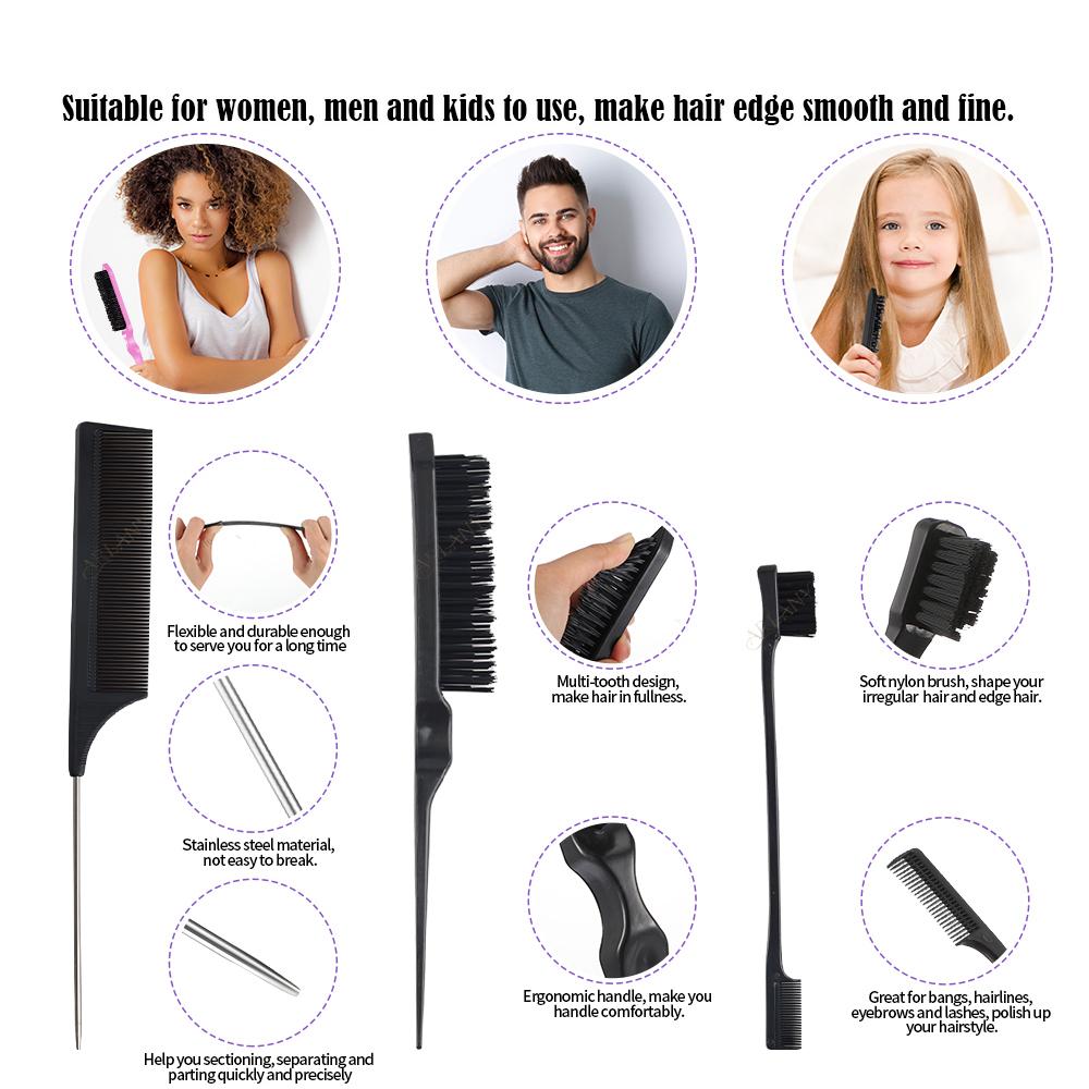 3 Pcs Professional Hair Styling Comb Set: Metal Pin Rat Tail Comb, Teasing Brush & Double-Ended Edge Eyebrow Brush for Salon & Home Hair Braiding, Sty