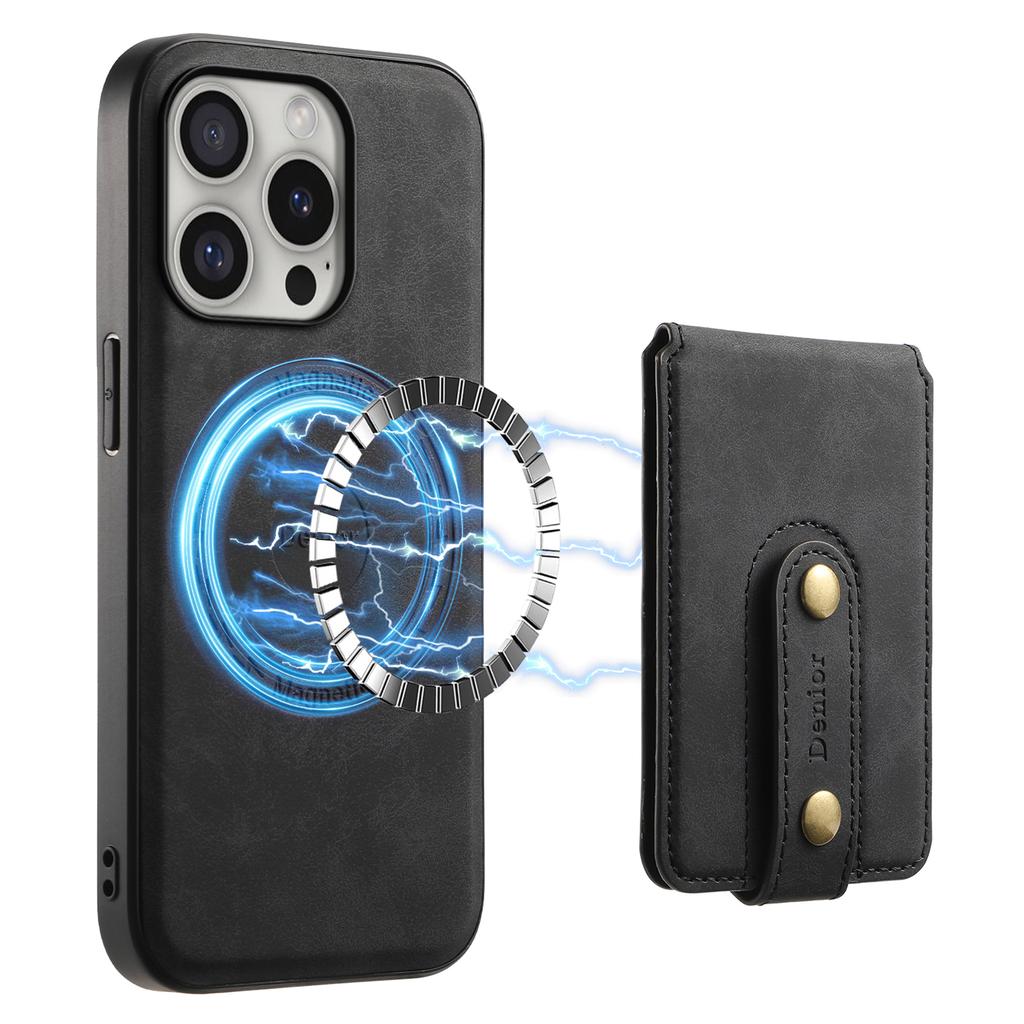 DENIOR D14 For iPhone 16 Pro Max Magnetic Case Leather+PC+TPU Phone Cover Card Bag