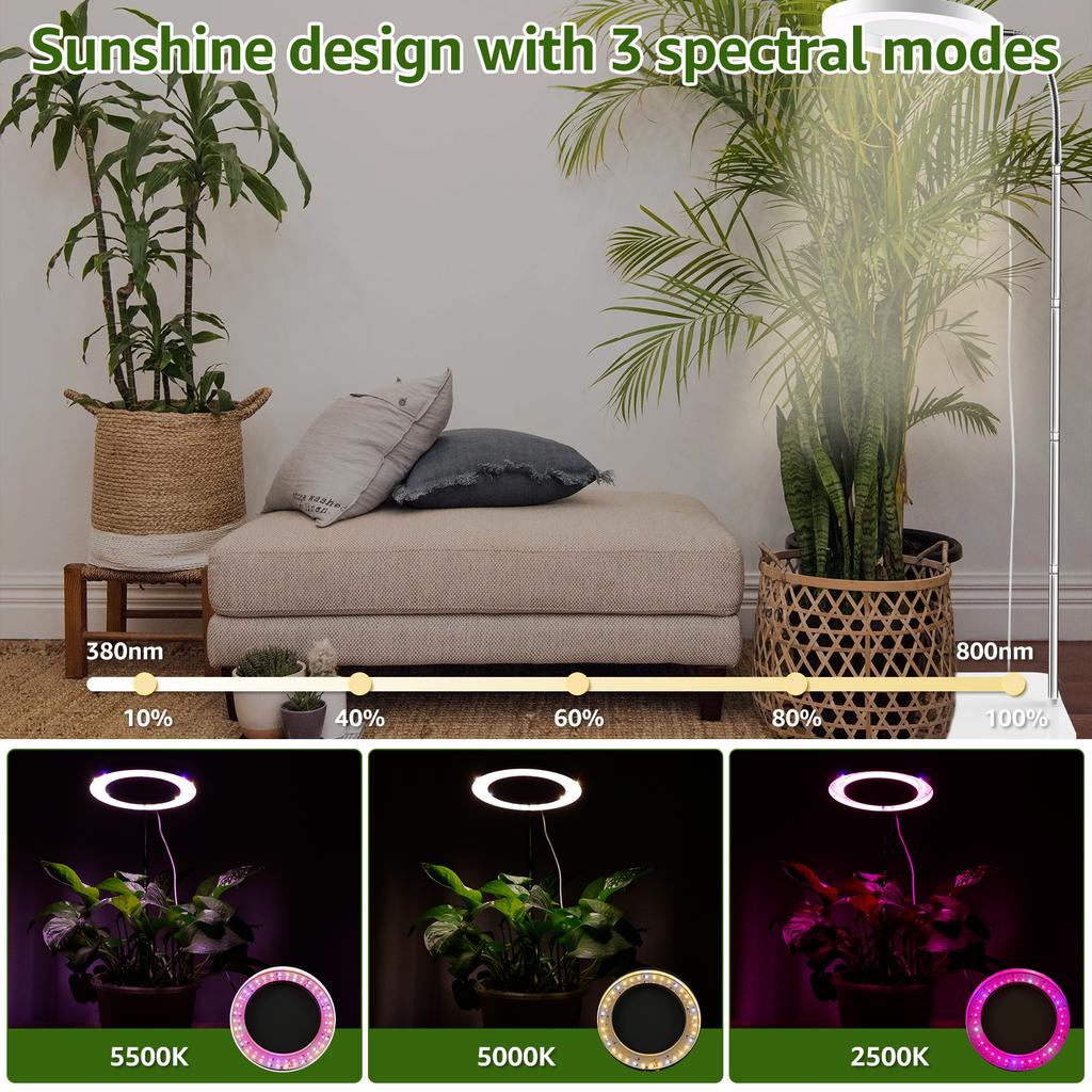Grow Lights 72LEDs Full Spectrum Vegetation Light 3 Light Modes 10-Level Adjustable Gooseneck Halo Plant Grow Floor Lamp