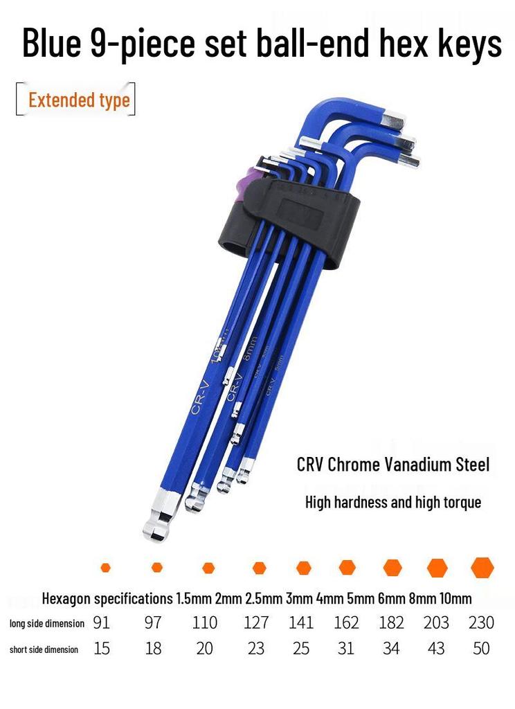 Industrial Color Hex Wrench Set: Chrome Vanadium Ball Head, Torx, Phillips, Star, Medium-Long, Foldable, Multi-Purpose.