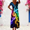 Women Plus Size V Neck Short Sleeve Rainbow Tie Dye Printed Long Dress