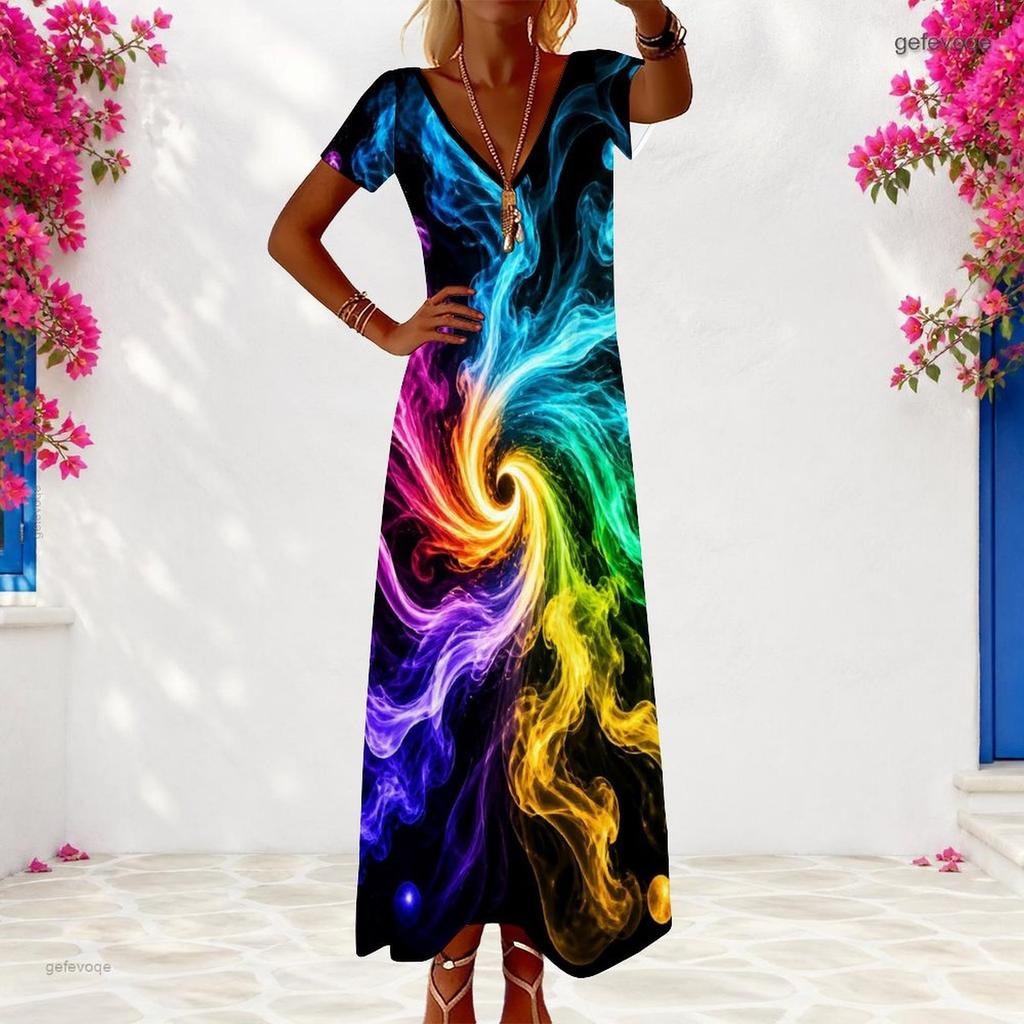 Women Plus Size V Neck Short Sleeve Rainbow Tie Dye Printed Long Dress